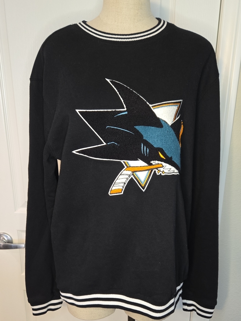 Essentials Black Sweatshirt with Teal & Gold Shark Graphic
